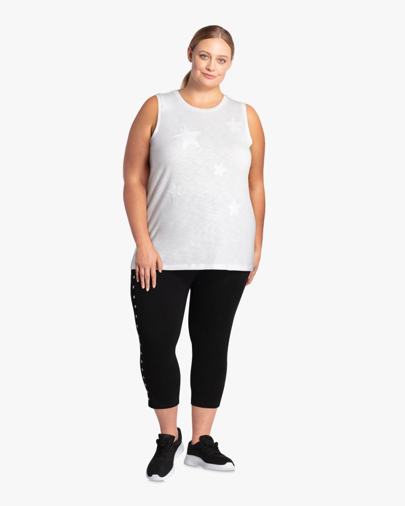 Plus size model with hourglass body shape wearing Amy Star-Applique Tank by Marc NY | Dia&Co | dia_product_style_image_id:114785